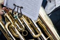Closeup trumpet, detail of a musician in the fallas of Valencia Royalty Free Stock Photo
