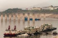 Closeup of Tugboats and office pontons on Yangtze at Three Gorges Dam, China