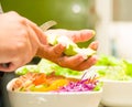 Closeup tuna salad with fresh purple cole, tomato and capsicum slices in white bowl, hand holding avocado pieces above Royalty Free Stock Photo