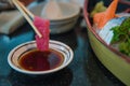 Closeup Tuna sashimi with chopsticks. Japanese style Royalty Free Stock Photo