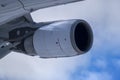 A closeup of a turbojet engine of a modern airplane