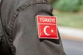 Closeup Turkey flag on patch on the uniform of an infantry