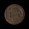 Closeup of Turkey 1000 Lira Coin 1993 on the black background