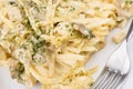 Closeup of turkey tetrazzini on white plate