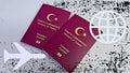 Closeup of Turkish passports with a globus and airplane signs in the white background