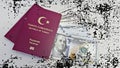 Closeup of Turkish passports with a pack of American dollars in the white background