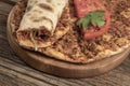 Closeup Turkish pizza that is made of ground beef and onion