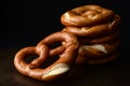 Twisted soft baked pretzel on old metal tray