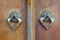 Closeup of two antique copper ornate door knockers over an aged wooden ornate door Royalty Free Stock Photo