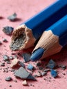 Closeup of two blue broken pencils on a pink surface. Royalty Free Stock Photo