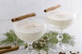 Closeup of cocktail glasses of tasty eggnog with spices, cinnamon sticks.Traditional Christmas drinks