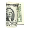 Closeup of two dollars isolate on white background. Royalty Free Stock Photo