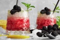 Closeup of two glasses of fruit cocktails, blackberries, lemon, green leaves of mint on a light blurred background. Royalty Free Stock Photo