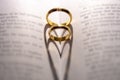 Closeup of two golden engagement rings forming a shadow of a heart on the open holy bible Royalty Free Stock Photo