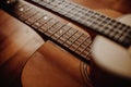 Closeup of two guitars' necks that were put on one another