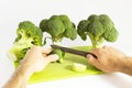 Fresh broccoli with scared cartoon style faces on white background Royalty Free Stock Photo