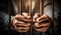Closeup of Two Hands Inside a Prison Holding the Cage Bars - Generative Ai Royalty Free Stock Photo