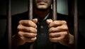 Closeup of Two Hands Inside a Prison Holding the Cage Bars - Generative Ai Royalty Free Stock Photo