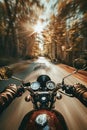 Closeup of two hands on motorcycle handlebars, motorcyclist on paved road