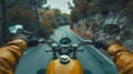 Closeup of two hands on motorcycle handlebars, motorcyclist on paved road