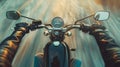 Closeup of two hands on motorcycle handlebars, motorcyclist on paved road