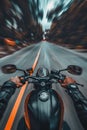 Closeup of two hands on motorcycle handlebars, motorcyclist on paved road