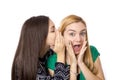 Closeup of two happy young girl friends whispering Royalty Free Stock Photo