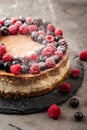 Two-layer cheesecake decorated with berries