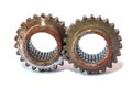 Closeup of two metal cog gears Royalty Free Stock Photo