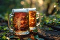 closeup two mugs of beer with foam on a wooden board on blurred green wood background Royalty Free Stock Photo