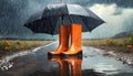 Orange Rubber Boots and Black Umbrella in the Rain - Generative Ai