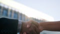 Closeup two people diverse multiracial man woman shake hands conclude successful contract agreement support partnership