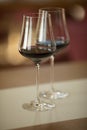 Closeup of two red wine glasses with a warm autumn-winter atmosphere. Cozy ambience, low depth of field