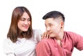 Closeup Two smiling woman young girls look tomboy happiness friends on with white background