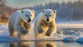 closeup of two snow polar bear cubs jumping and playing in the snow, stepping out of the snow covered ice onto the riverbank.