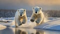 closeup of two snow polar bear cubs jumping and playing in the snow, stepping out of the snow covered ice onto the riverbank.