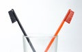 Closeup of two toothbrushes in a glass beaker. For men and women Royalty Free Stock Photo