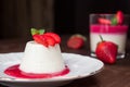 Closeup of two types italian dessert Pannacotta with strawberries