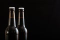 Closeup of two beer bottles isolated on black background Royalty Free Stock Photo