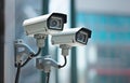 Closeup of two video surveillance cameras overseeing city business district. Generative AI illustration Royalty Free Stock Photo