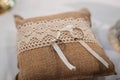 Closeup of two wedding rings on a laced pillow, ready to a wedding