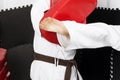Closeup of two young men in kimono training martial arts, the te Royalty Free Stock Photo