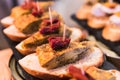 Closeup of a typical spanish pincho de tortilla, spanish omelete served on bread. Spanish tapas called pintxos of the Basque Royalty Free Stock Photo