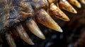 A closeup of a tyrannosaur tooth with wear patterns and damage from grinding suggesting dental disease or an abrasive