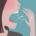 Closeup of unhealthy running nose young woman coughing with spit and saliva