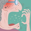 Closeup of unhealthy senior woman coughing with spit and saliva