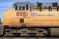 Closeup of Union Pacific yellow engine with brand and logo Royalty Free Stock Photo