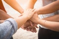 Closeup United hands on the sea background. Friendship, Teamwork