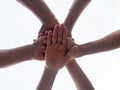 Closeup United hands on white background. United, Friendship, Te