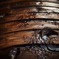Closeup unveils the tactile beauty of a wooden barrel, a textured background